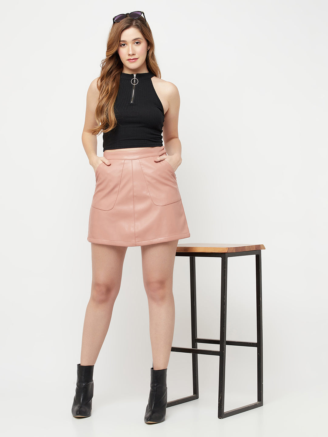 Pink a-line shop leather skirt