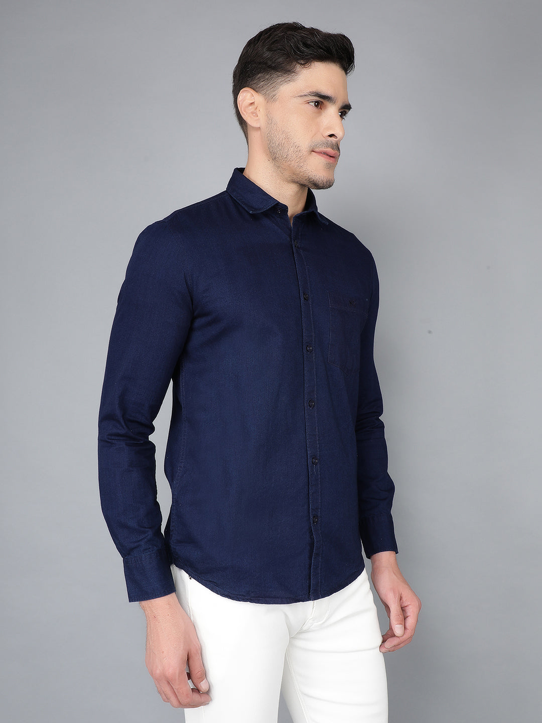 Navy Blue 100% Cotton Denim Shirt-Men Shirts-Crimsoune Club