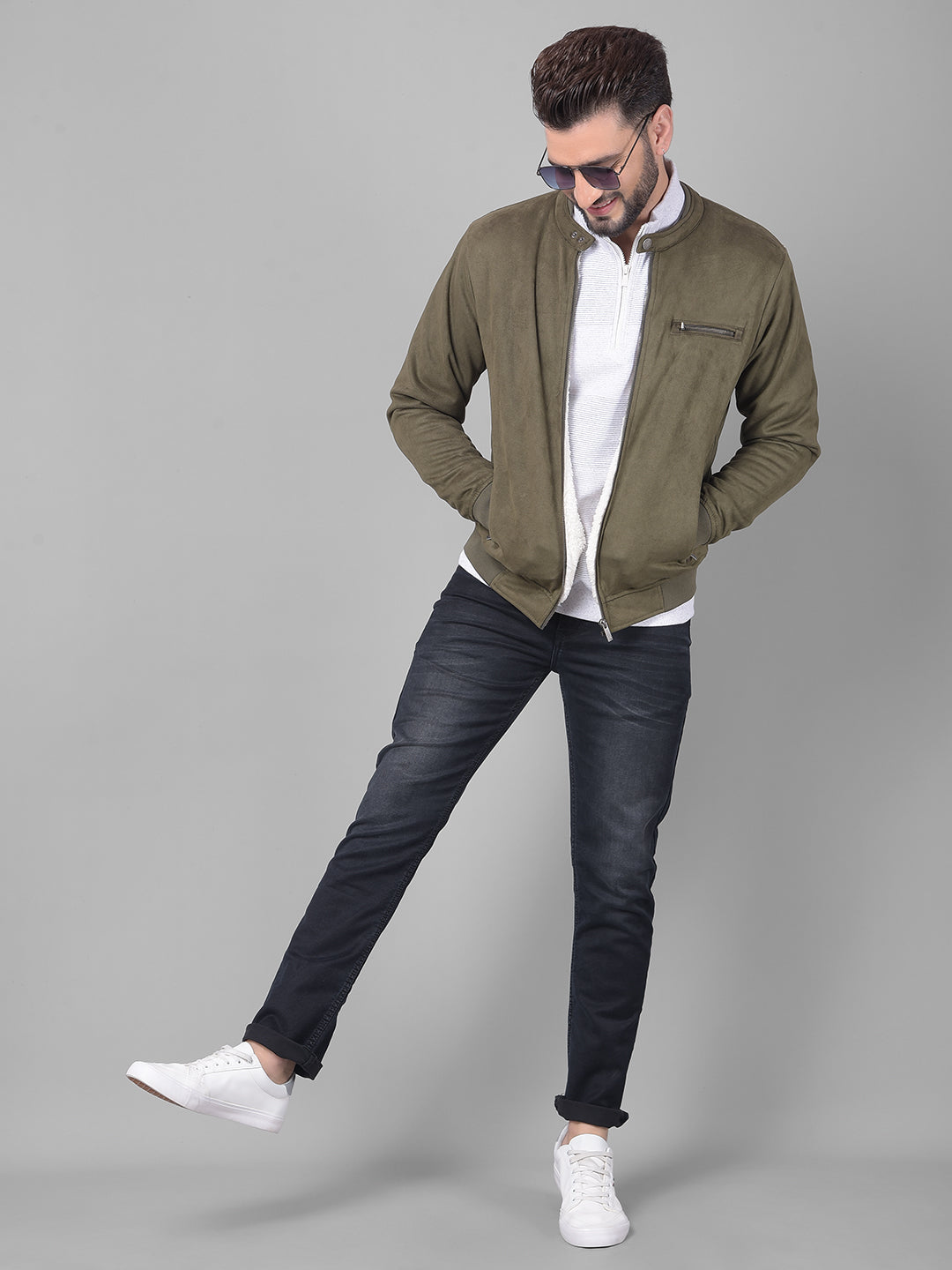 Olive Printed Bomber Jacket-Men Jackets-Crimsoune Club