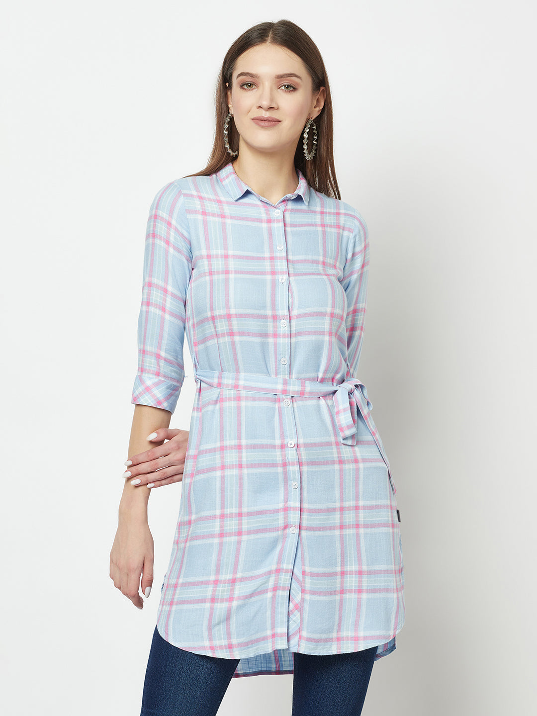 Multi-Colour Longline Checked Shirt-Women Shirts-Crimsoune Club