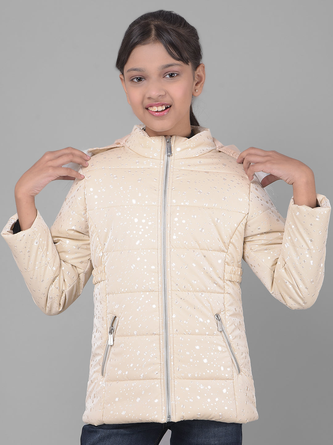 Cream Printed Puffer Jacket With Hood Crimsoune Club