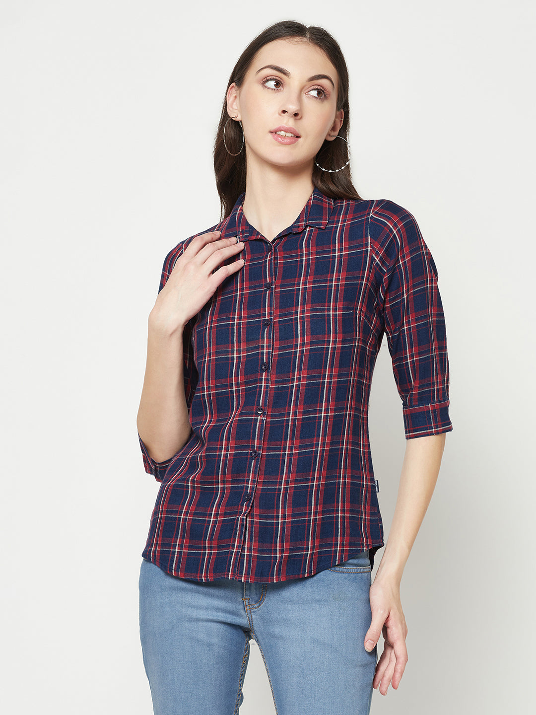 Navy Blue Tartan Checked Shirt-Women Shirts-Crimsoune Club