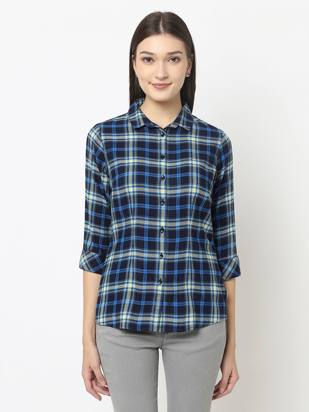 Navy Blue Shirt in Tartan Checks-Women Shirts-Crimsoune Club