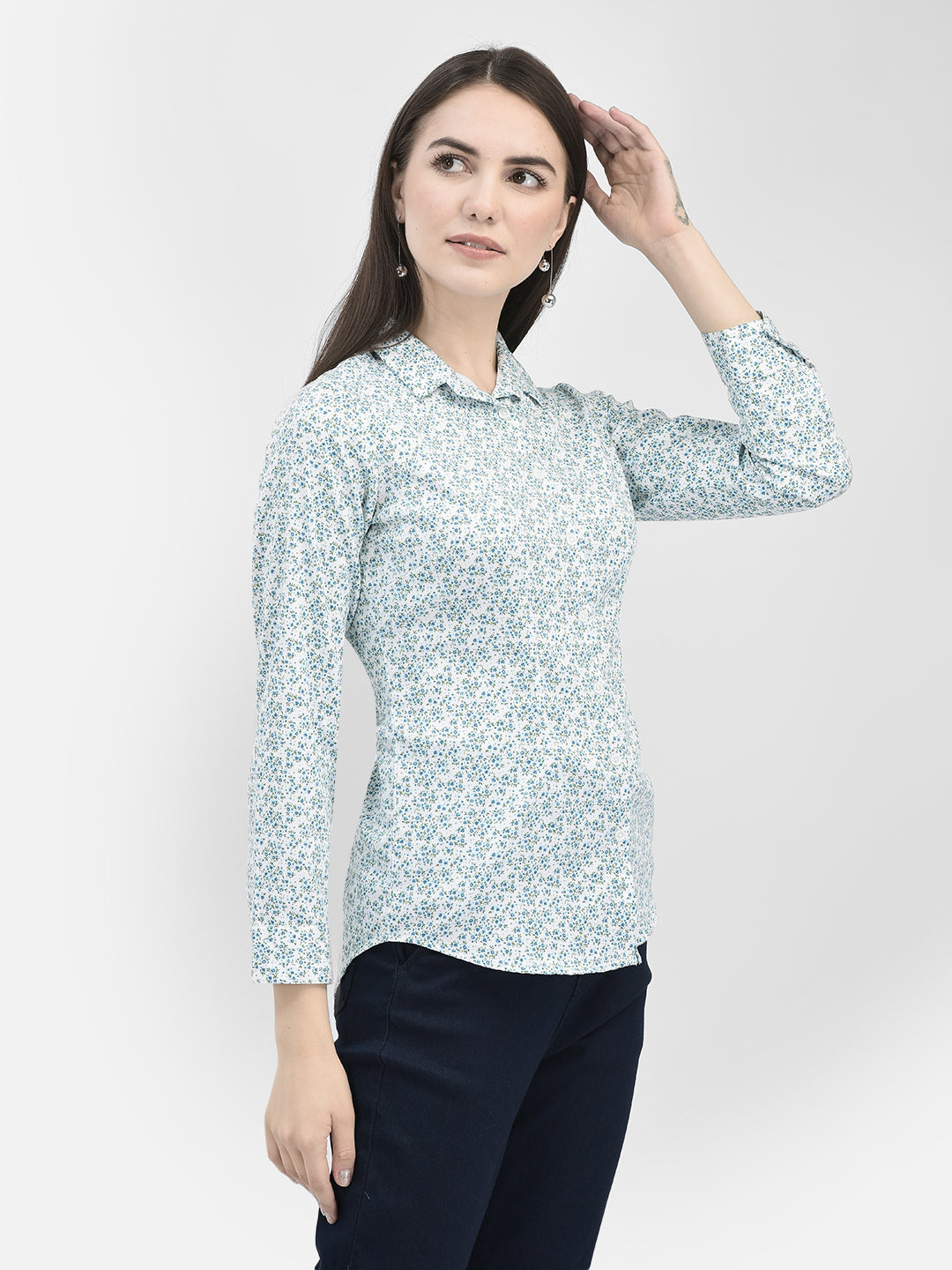 Blue Floral Shirt-Women Shirts-Crimsoune Club