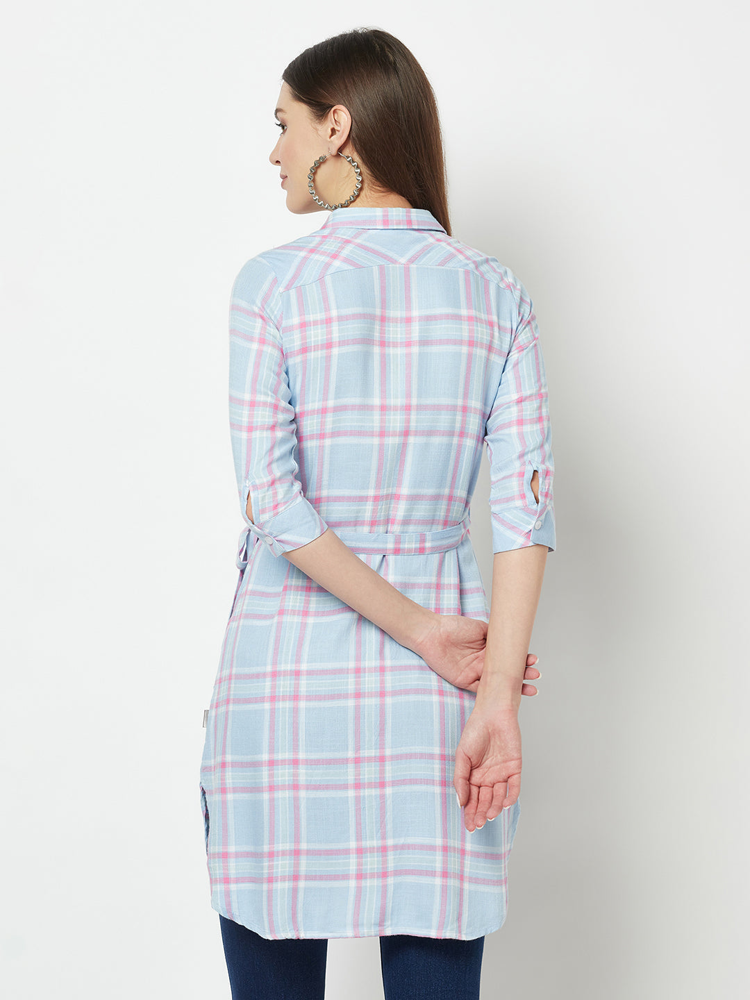 Multi-Colour Longline Checked Shirt-Women Shirts-Crimsoune Club