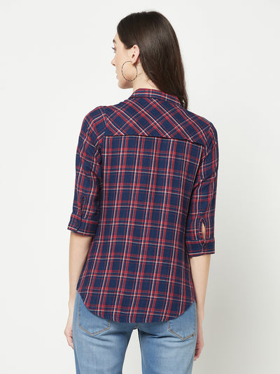 Navy Blue Tartan Checked Shirt-Women Shirts-Crimsoune Club