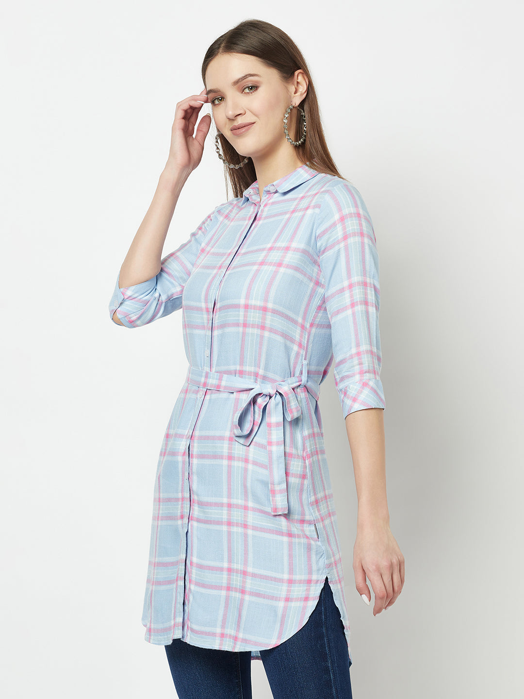 Multi-Colour Longline Checked Shirt-Women Shirts-Crimsoune Club