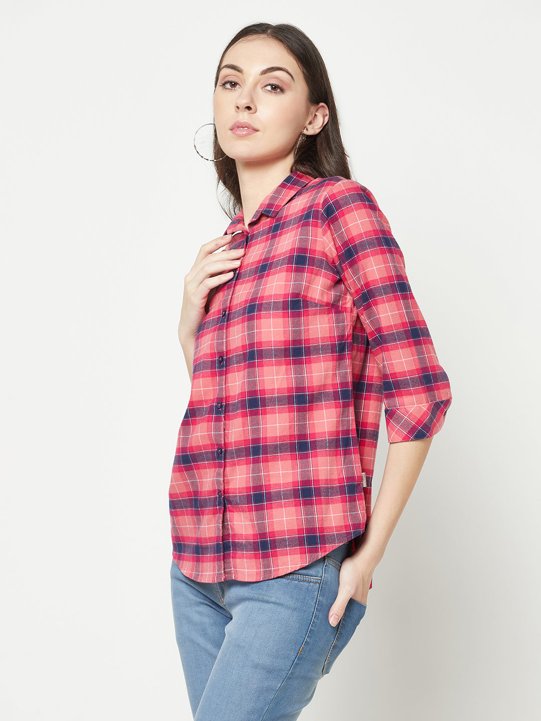 Pink Checked Shirt-Women Shirts-Crimsoune Club