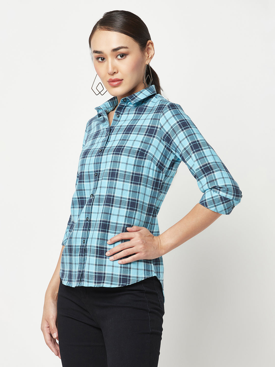 Blue Checked Shirt-Women Shirts-Crimsoune Club