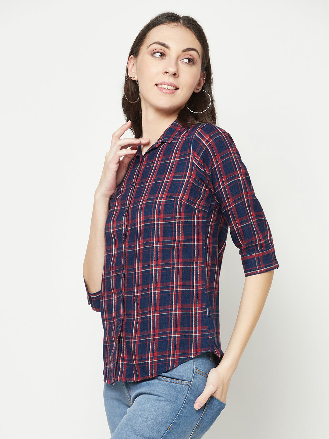 Navy Blue Tartan Checked Shirt-Women Shirts-Crimsoune Club