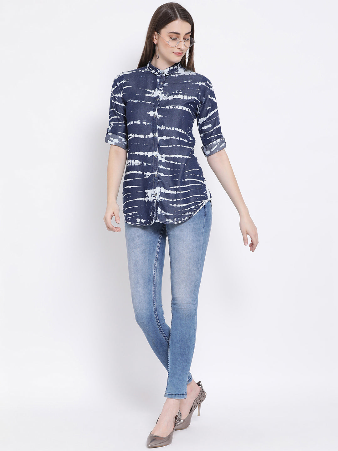 Blue Printed Shirt-Women Shirts-Crimsoune Club