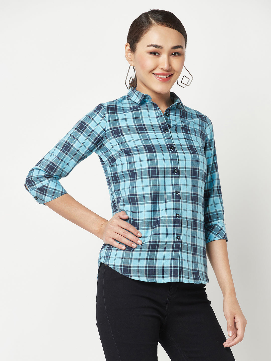 Blue Checked Shirt-Women Shirts-Crimsoune Club