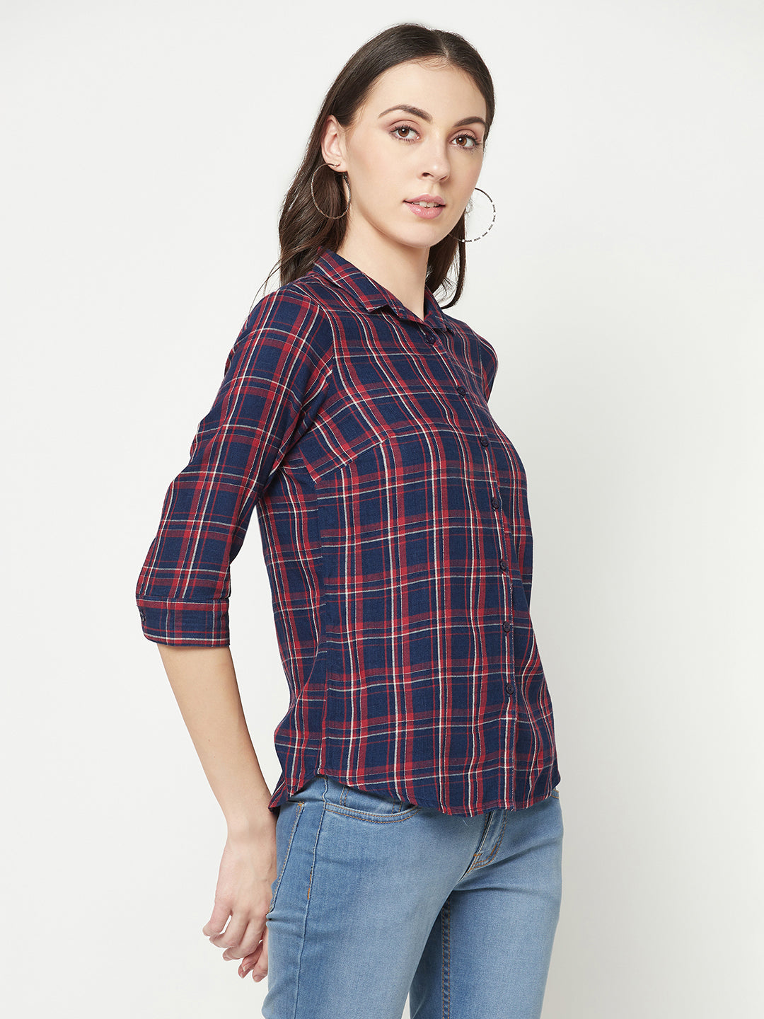 Navy Blue Tartan Checked Shirt-Women Shirts-Crimsoune Club