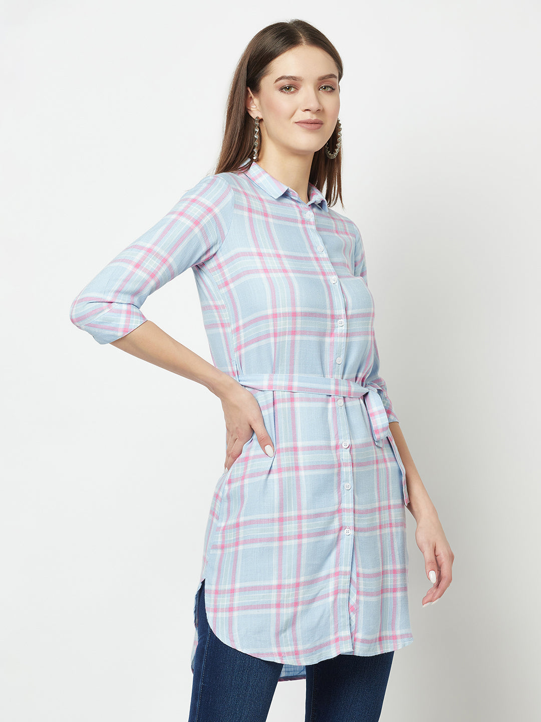 Multi-Colour Longline Checked Shirt-Women Shirts-Crimsoune Club