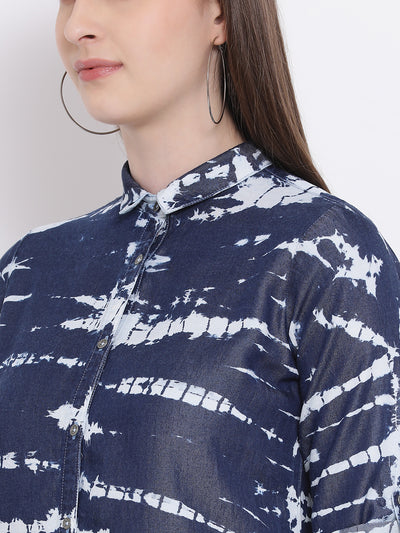 Blue Printed Shirt-Women Shirts-Crimsoune Club