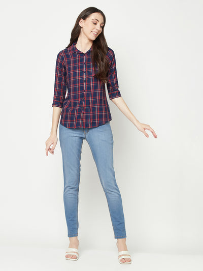 Navy Blue Tartan Checked Shirt-Women Shirts-Crimsoune Club