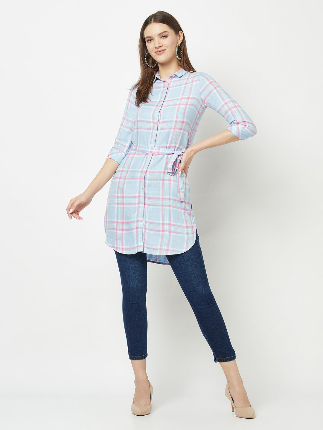 Multi-Colour Longline Checked Shirt-Women Shirts-Crimsoune Club