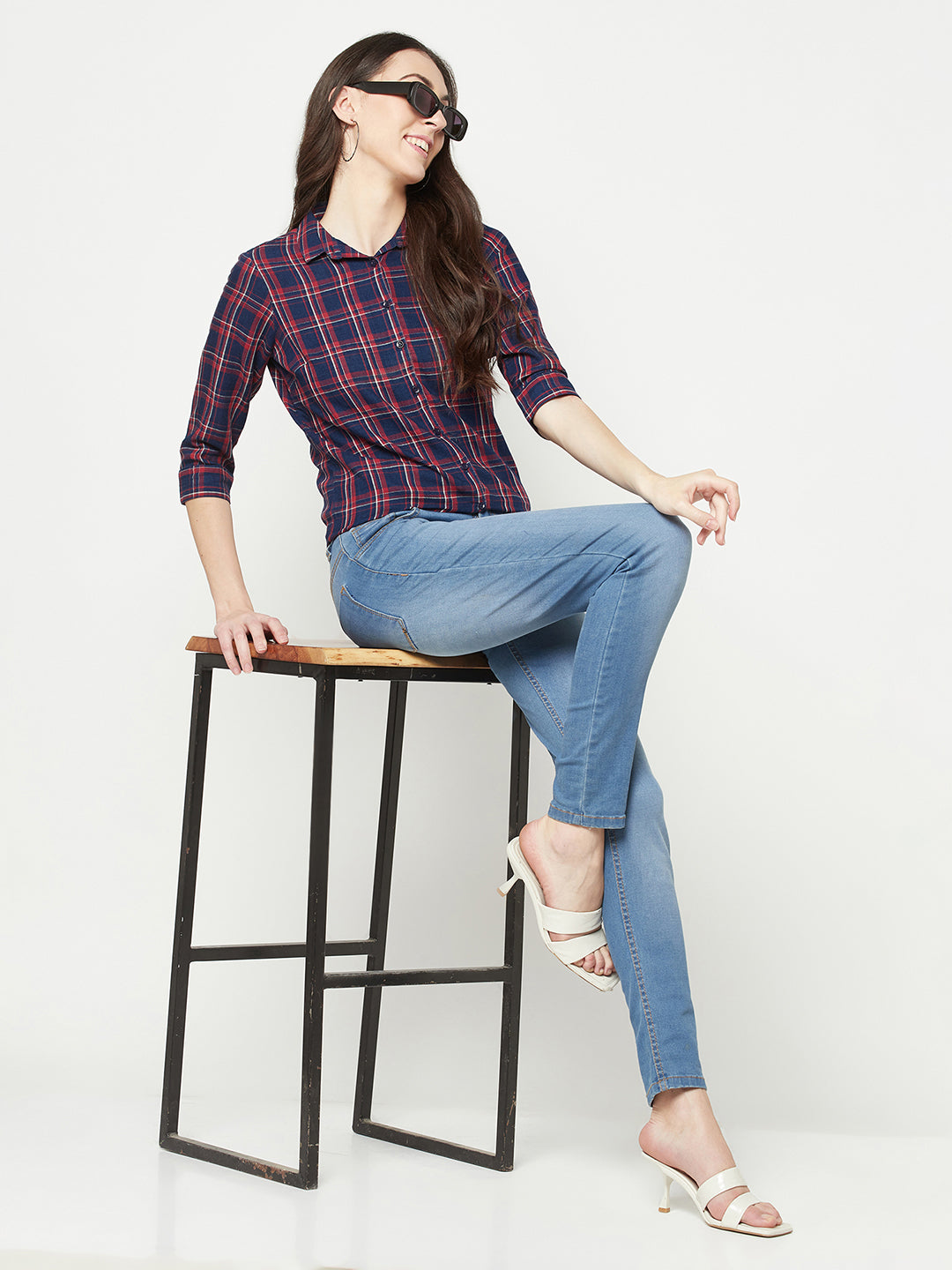 Navy Blue Tartan Checked Shirt-Women Shirts-Crimsoune Club