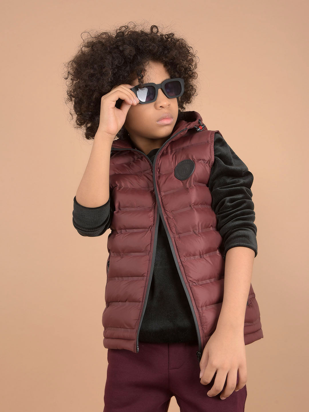 Wine Hooded Neck Padded Sleeveless Jacket-Boys Jackets-Crimsoune Club