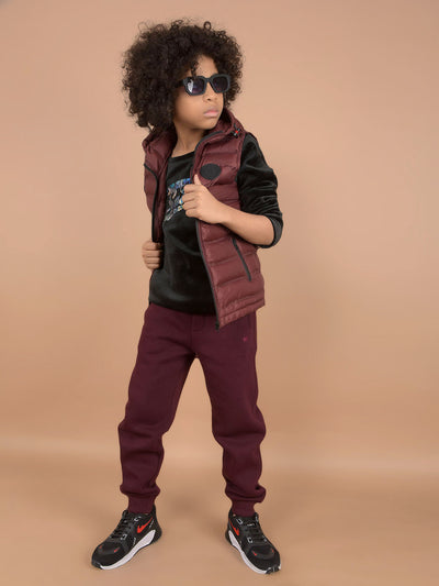 Wine Hooded Neck Padded Sleeveless Jacket-Boys Jackets-Crimsoune Club