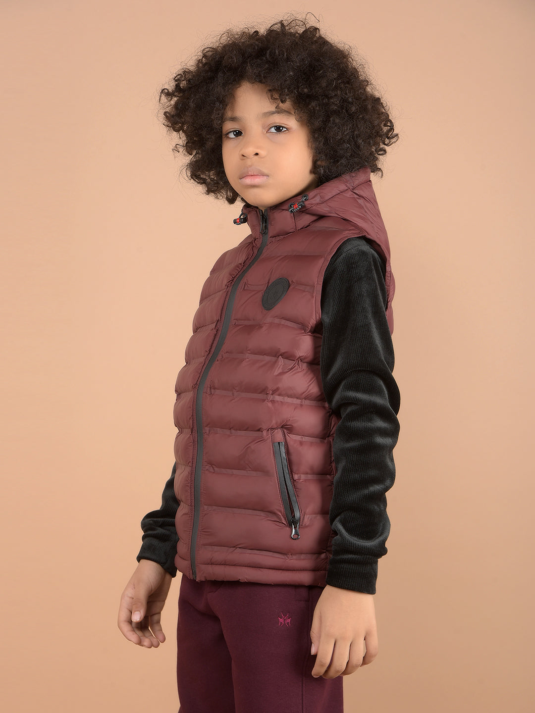 Wine Hooded Neck Padded Sleeveless Jacket-Boys Jackets-Crimsoune Club