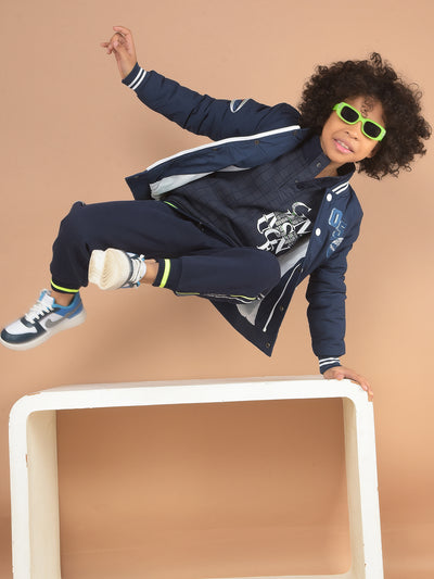 Navy Blue Typographic Print Bomber Jacket-Boy Jackets-Crimsoune Club