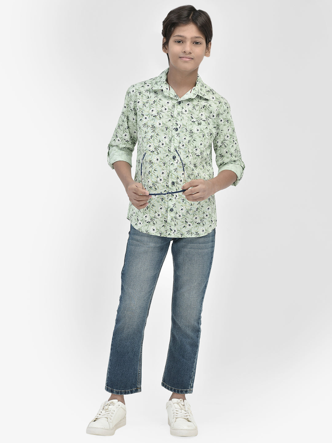 Floral Print Green Shirt-Boys Shirts-Crimsoune Club