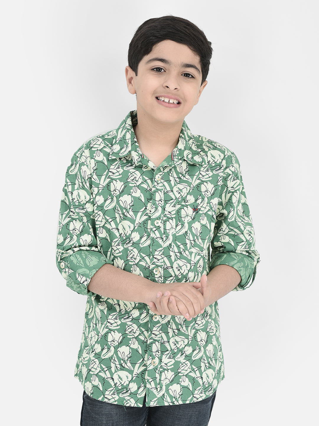 Green Floral Print Shirt-Boys Shirts-Crimsoune Club