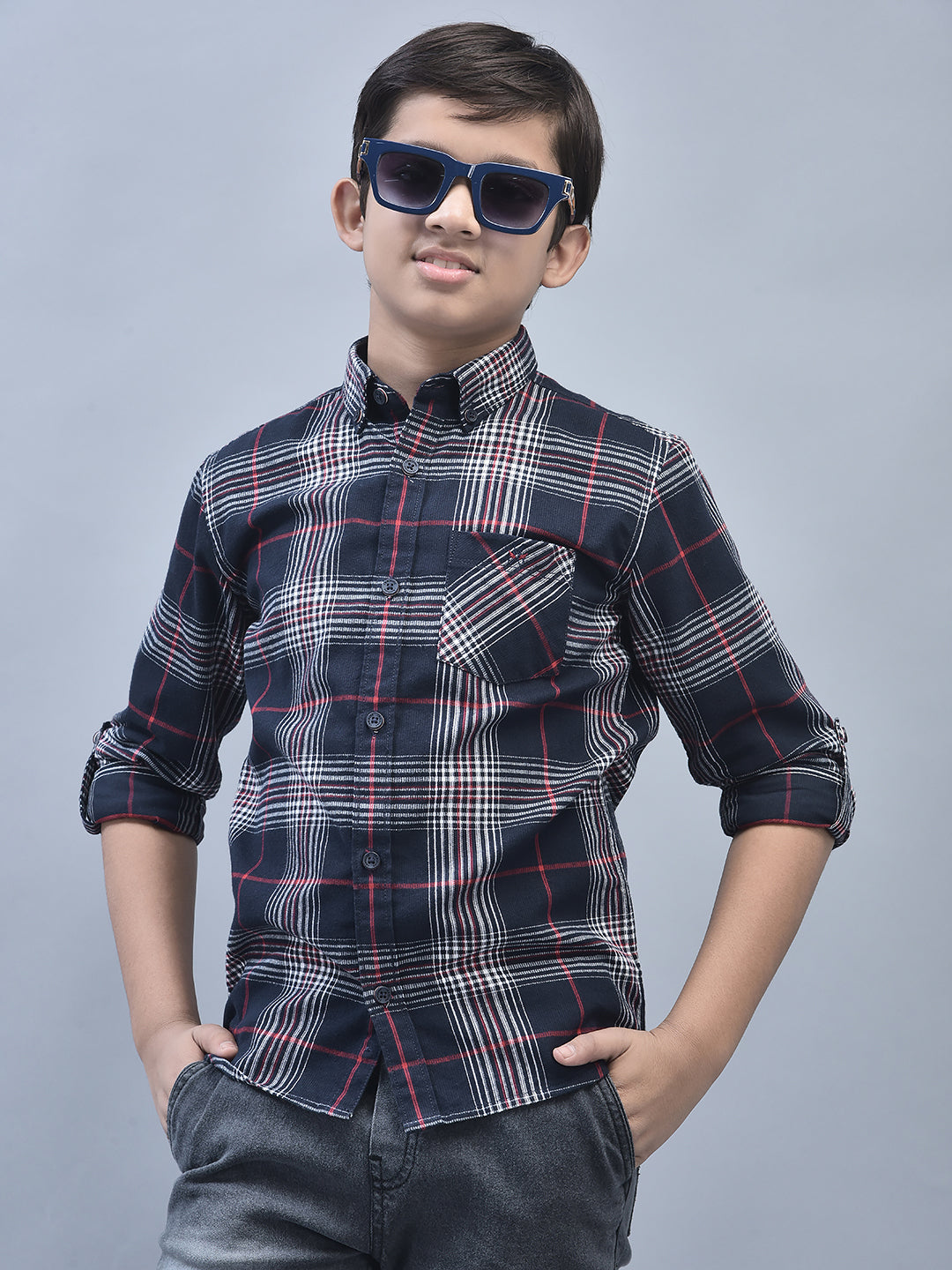 Navy Blue Checked Shirt-Boys Shirts-Crimsoune Club