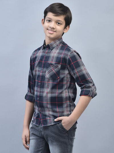 Navy Blue Checked Shirt-Boys Shirts-Crimsoune Club