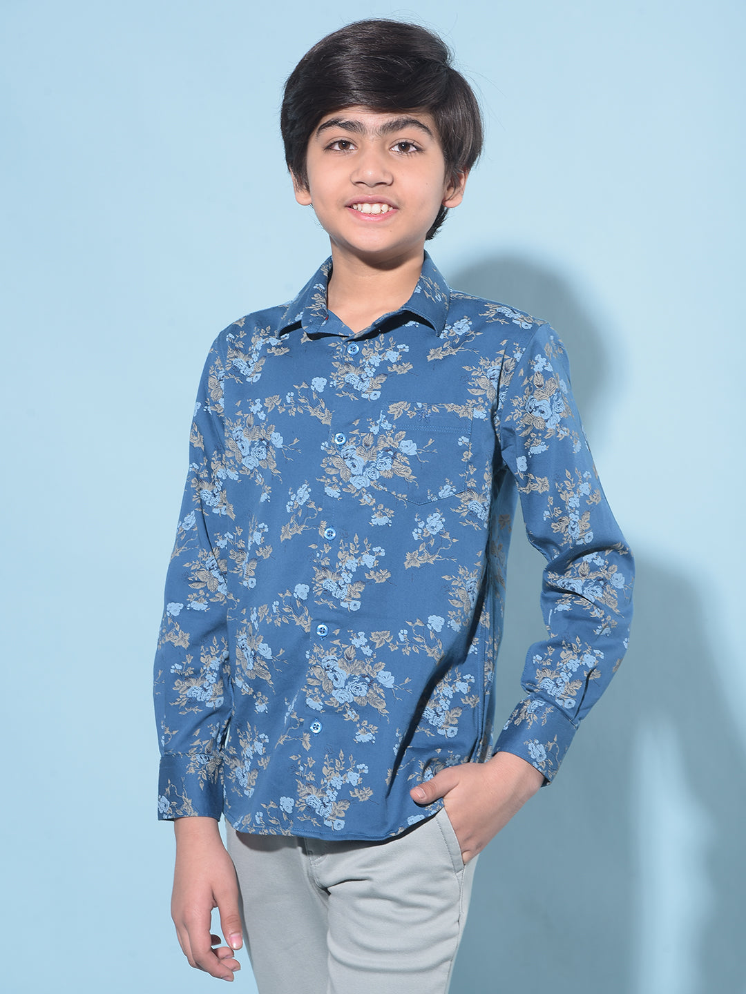 Blue Floral Print Shirt-Boys Shirts-Crimsoune Club