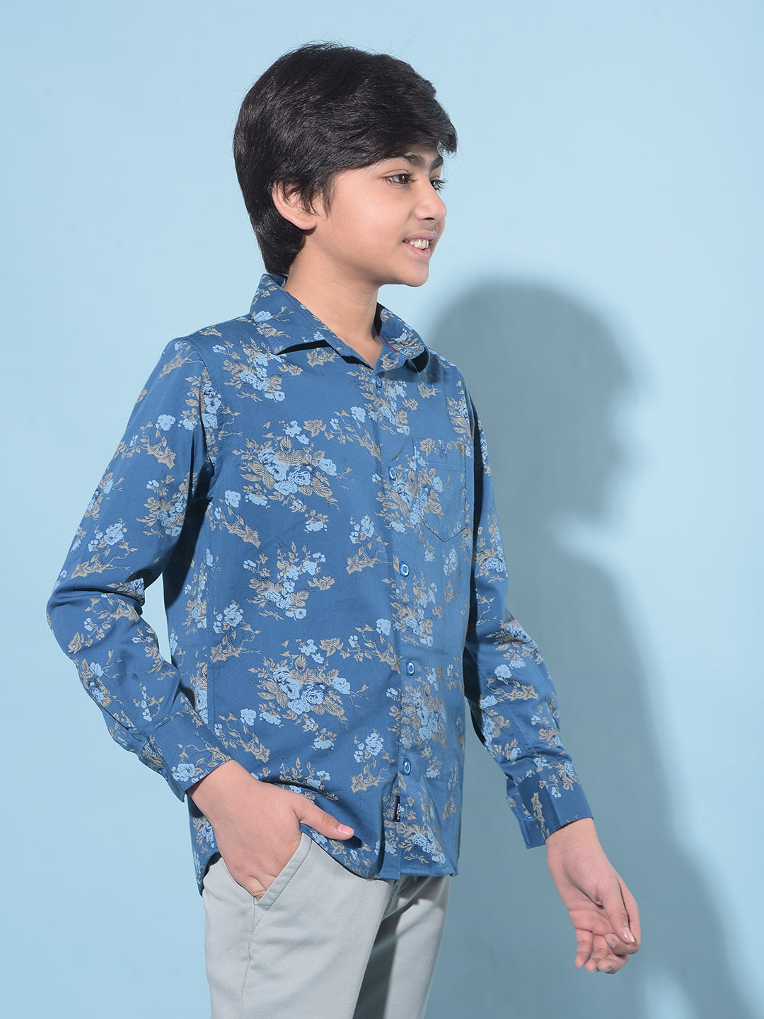 Blue Floral Print Shirt-Boys Shirts-Crimsoune Club