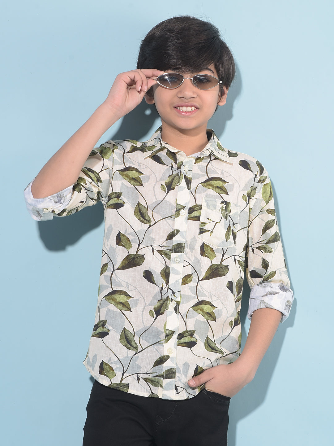 Olive Floral Print Shirt-Boys Shirts-Crimsoune Club