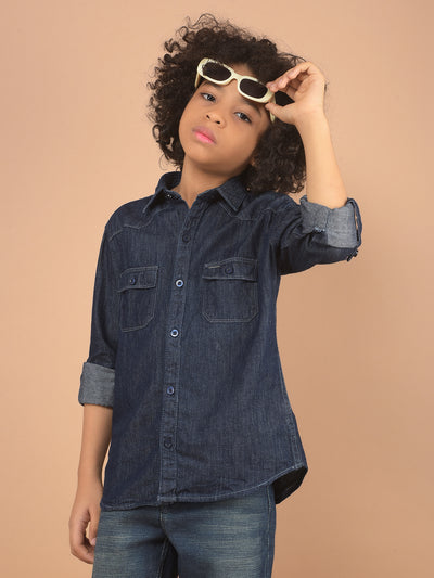 Blue 100% Cotton Denim Double Pocket Shirt-Boy Shirts-Crimsoune Club