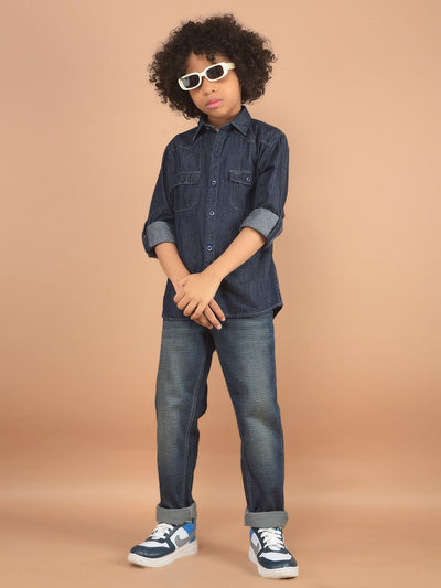 Blue 100% Cotton Denim Double Pocket Shirt-Boy Shirts-Crimsoune Club