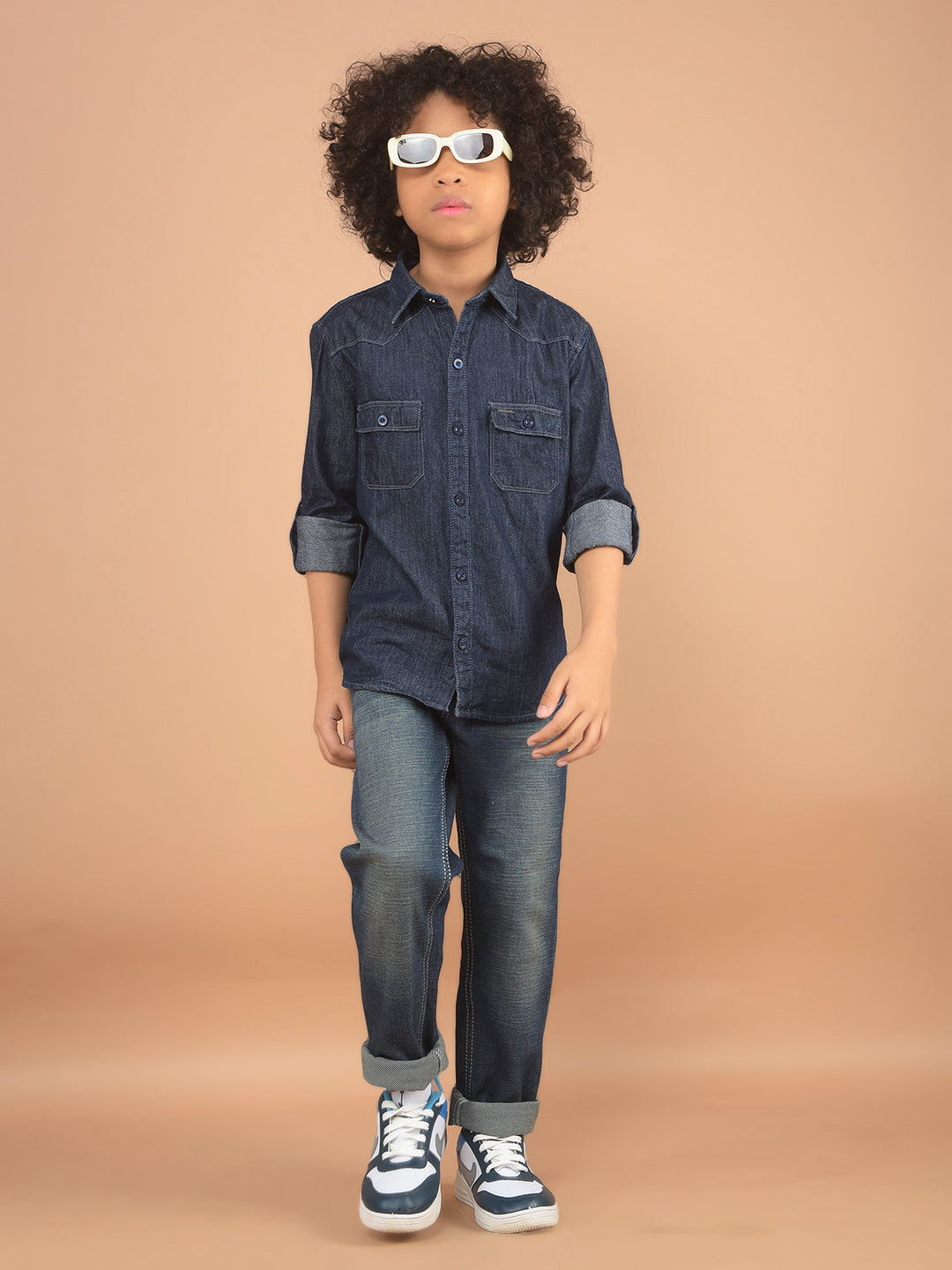 Blue 100% Cotton Denim Double Pocket Shirt-Boy Shirts-Crimsoune Club