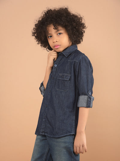 Blue 100% Cotton Denim Double Pocket Shirt-Boy Shirts-Crimsoune Club