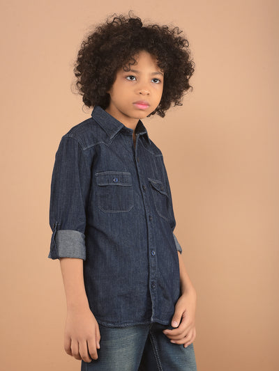 Blue 100% Cotton Denim Double Pocket Shirt-Boy Shirts-Crimsoune Club