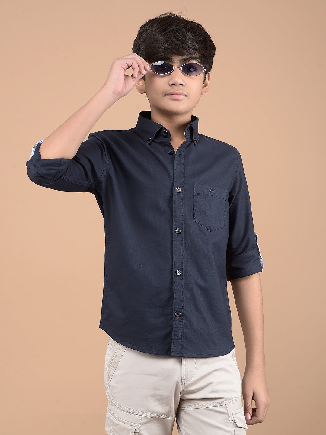 Navy Blue Button Down Collar 100% Cotton Shirt