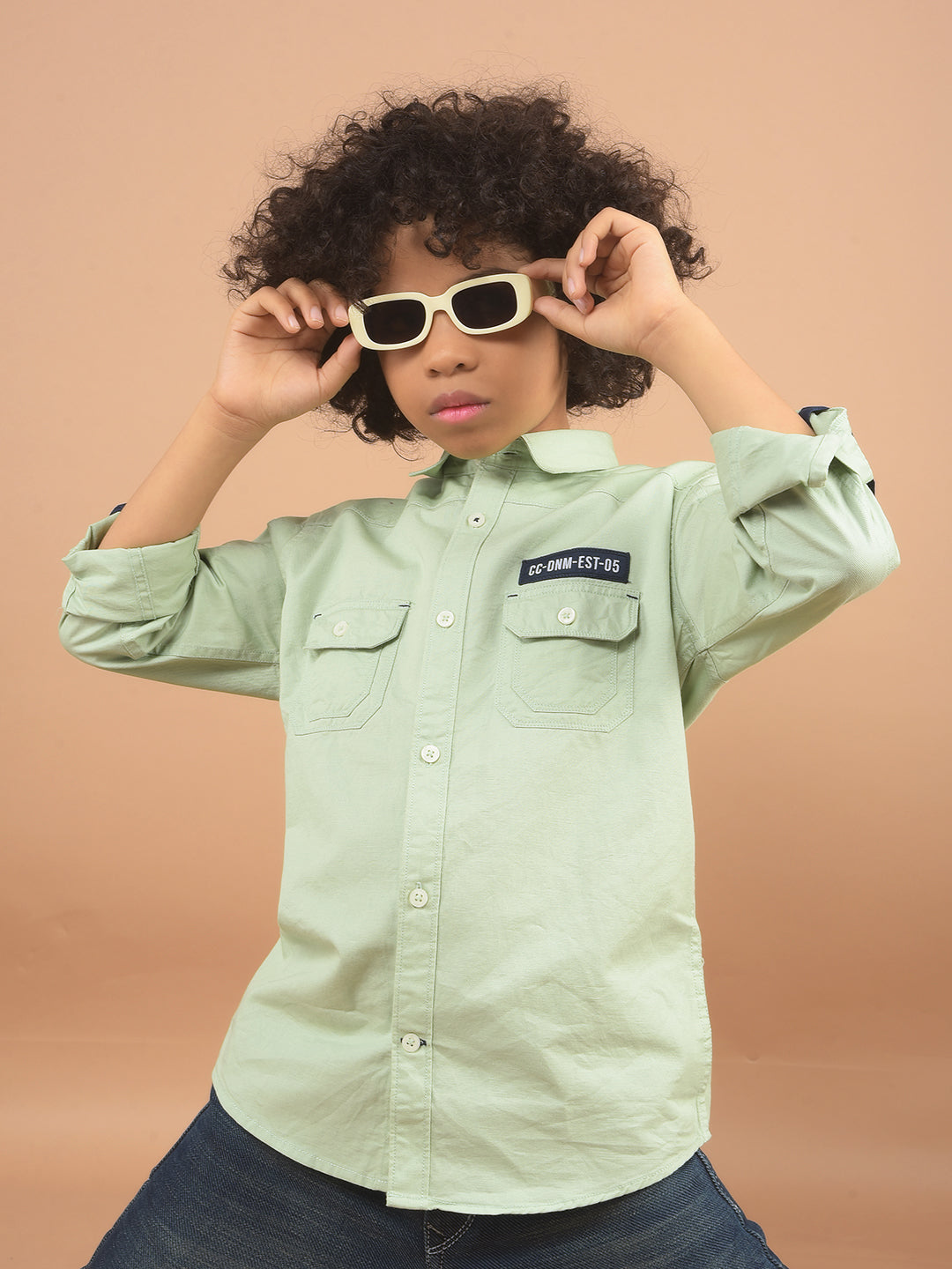 Green Double Pocket Linen Shirt-Boy Shirts-Crimsoune Club