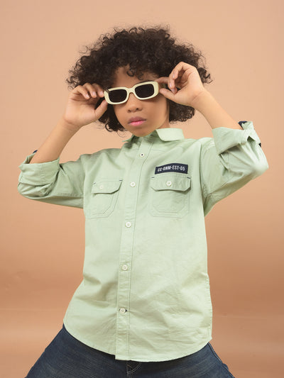 Green Double Pocket Linen Shirt-Boy Shirts-Crimsoune Club