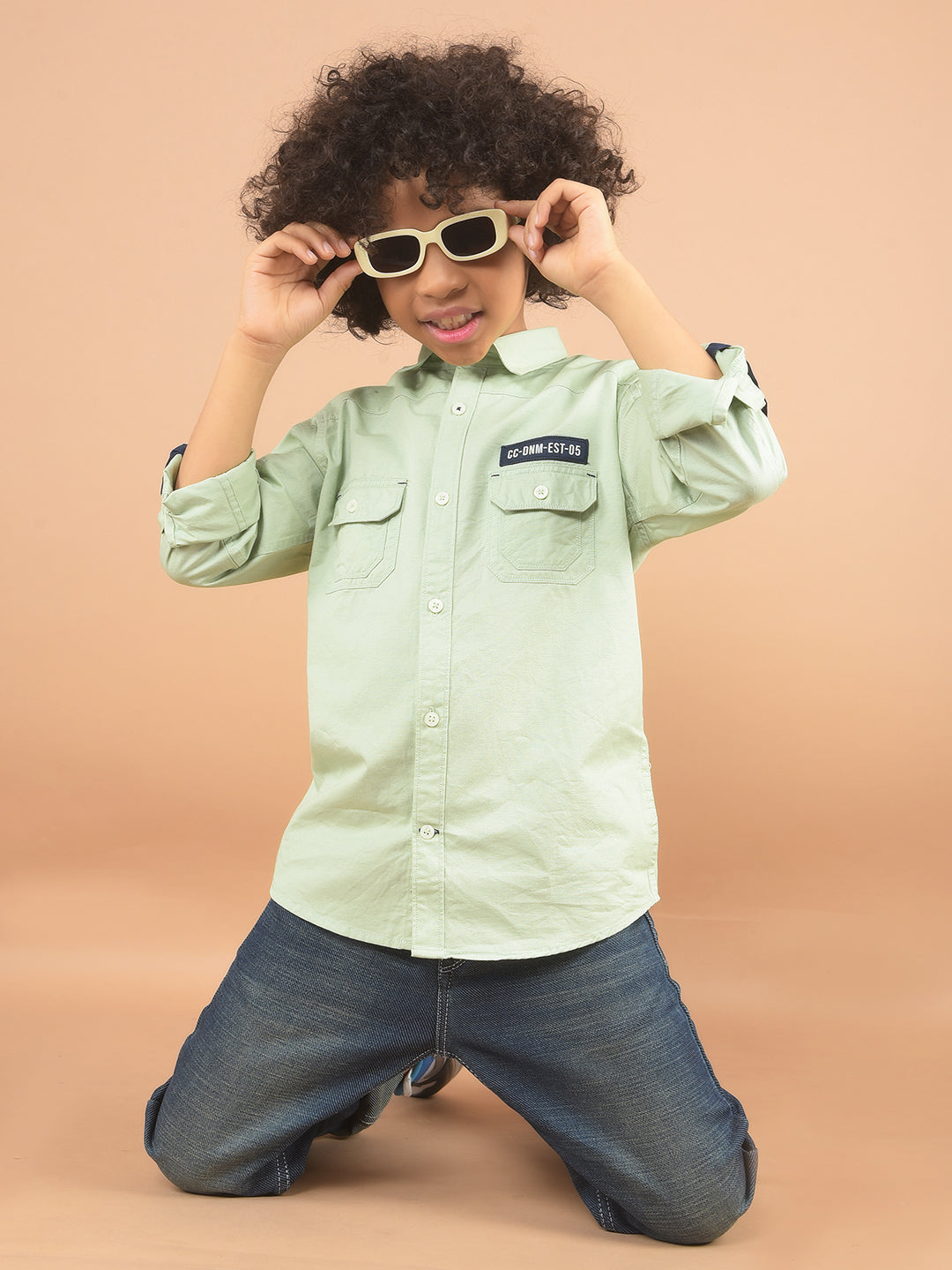 Green Double Pocket Linen Shirt-Boy Shirts-Crimsoune Club