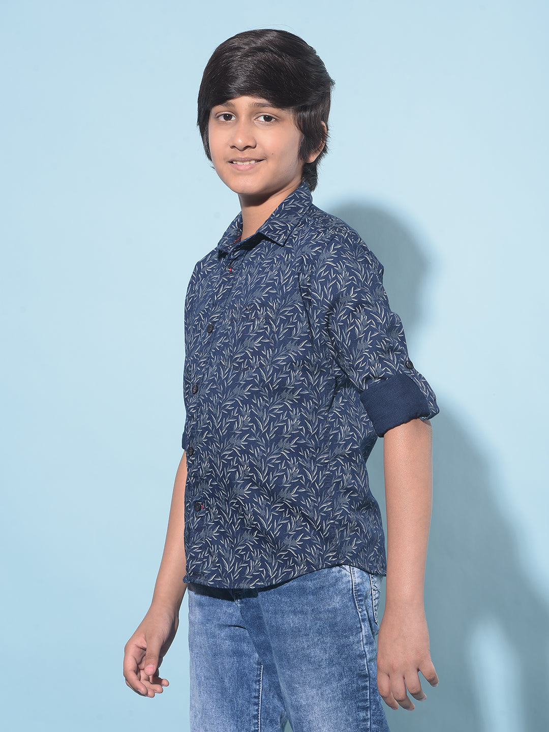 Navy Blue Floral Print 100% Cotton Shirt-Boys Shirts-Crimsoune Club