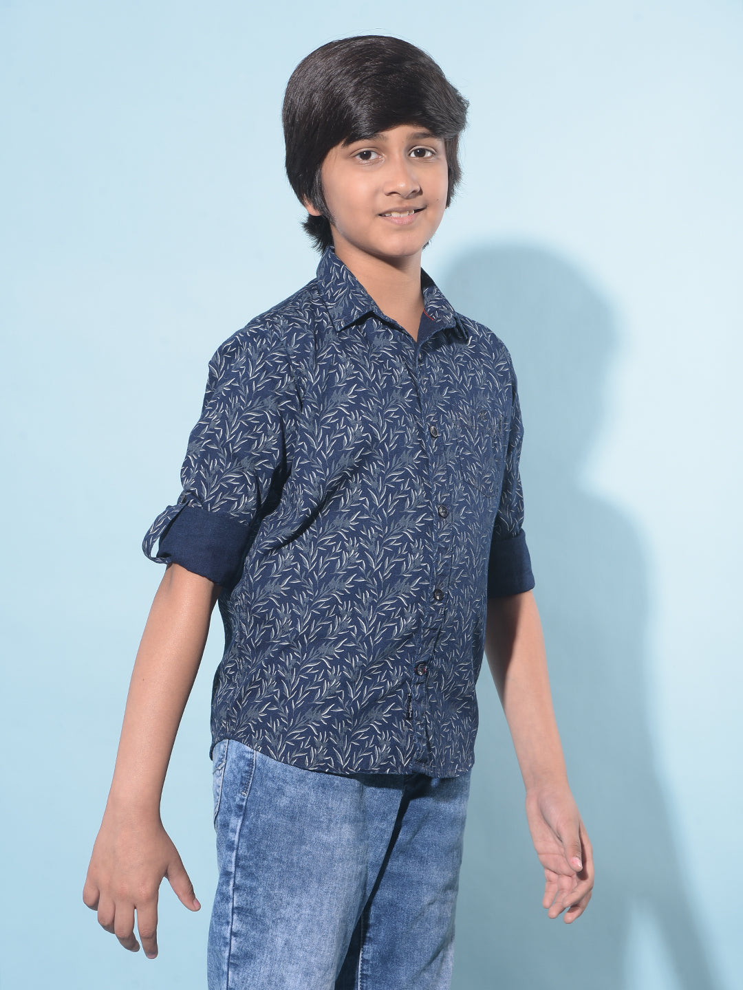 Navy Blue Floral Print 100% Cotton Shirt-Boys Shirts-Crimsoune Club