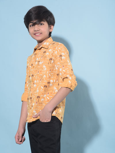 Mustard Floral Print 100% Cotton Shirt-Boys Shirts-Crimsoune Club