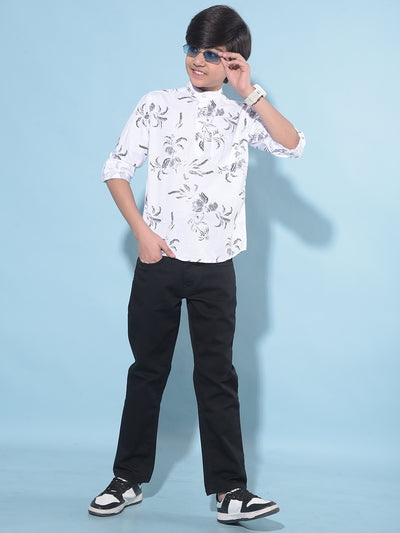 White Floral Print 100% Cotton Shirt-Boys Shirts-Crimsoune Club