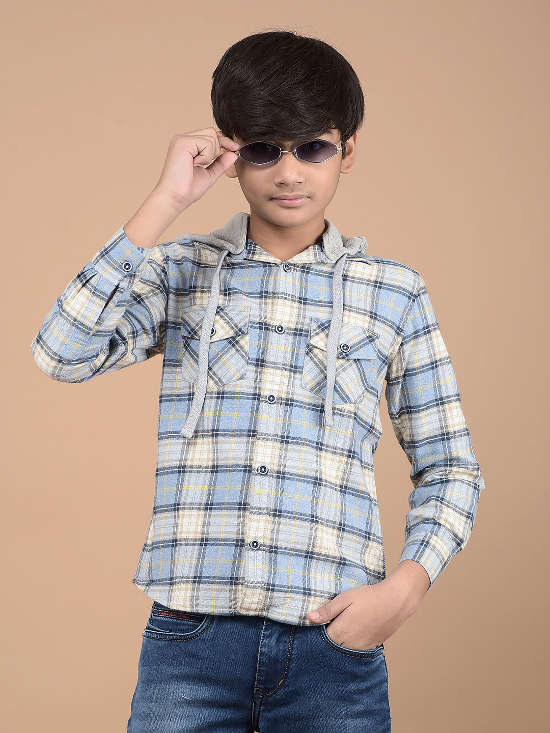 Blue Checked 100% Cotton Hooded Shirt