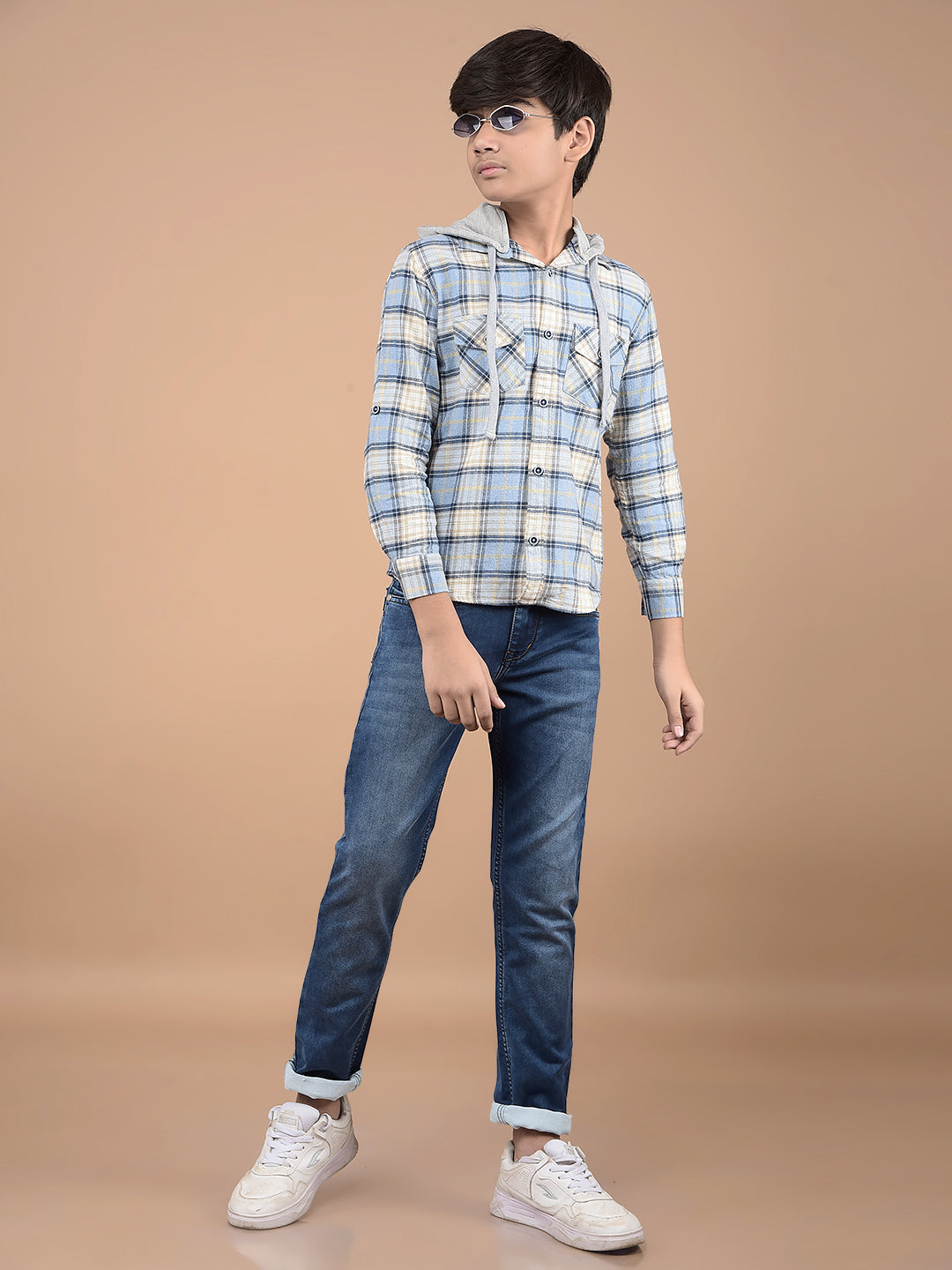 Blue Checked 100% Cotton Hooded Shirt