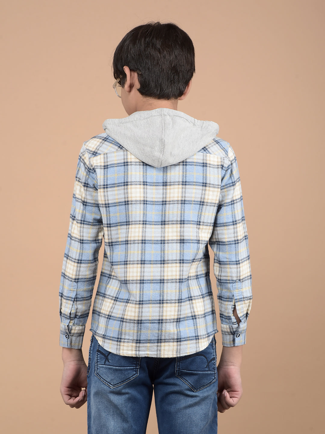 Blue Checked 100% Cotton Hooded Shirt