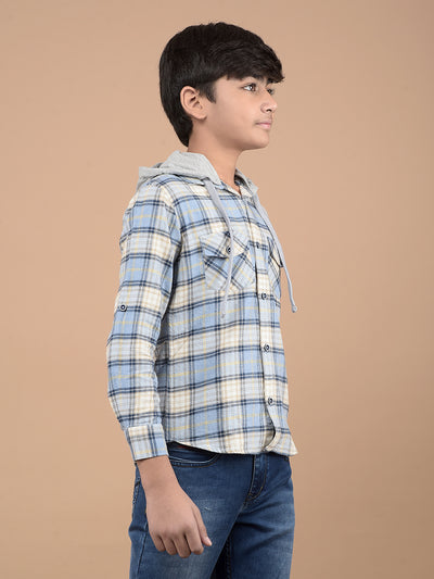 Blue Checked 100% Cotton Hooded Shirt